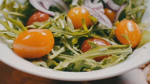 Ingredients for preparing a pizza - Mixed Vegetables: tomato, onion, rucola. Video stock 104288822