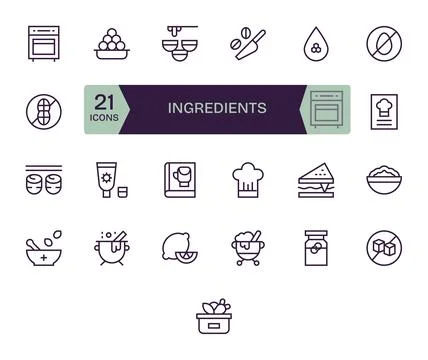 Ingredients Professional Vector Set with 25 Regular Line Editable 256x256 Ico Stock Illustration