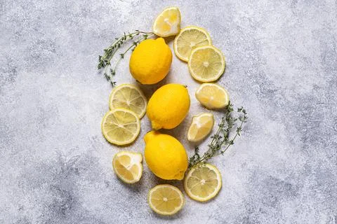 Ingredients for refreshing lemonade - lemons, mint, thyme, sugar. Stock Photos