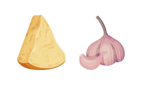 Ingredients for risotto cooking set. Parmesan cheese and garlic vector Ilustración de archivo
