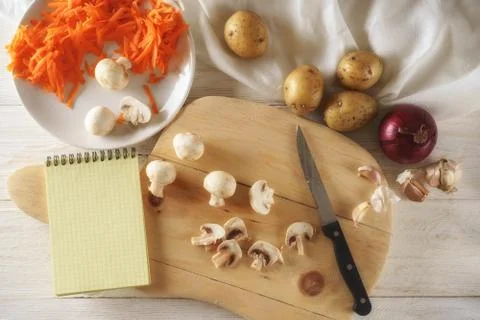 Ingredients for soup and notepad Stock Photos