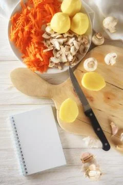 Ingredients for soup and notepad Fotos Stock