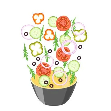 Ingredients for vegetable salad fall into a large bowl. Vegetables for healthy Stock Illustration