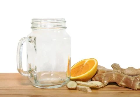 Ingridientes for tonifying smoothie with an empty mason jar on a Foto stock