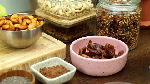 Ingridients for healthy breakfast chia pudding on wooden table Stock Footage 137416292