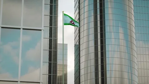 Ingushetia Flag 3D Render Animation on Pole with City Buildings 스톡 동영상 332307616