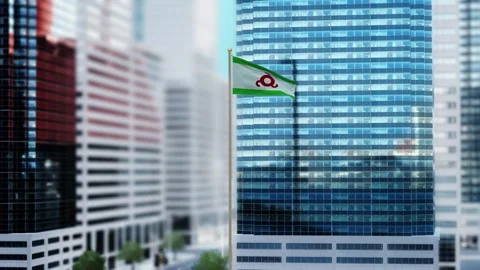 Ingushetia Flag 3D Render Animation Waving in Front of Modern Glass Building Stock Footage 333075219