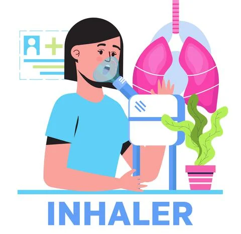 Inhaler, nebulizer using by patient suffering bronchial asthma. Metaphor of t Stock-Illustration