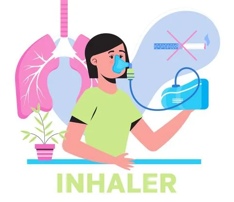 Inhaler, nebulizer using by patient suffering bronchial asthma. Metaphor of t Stock-Illustration