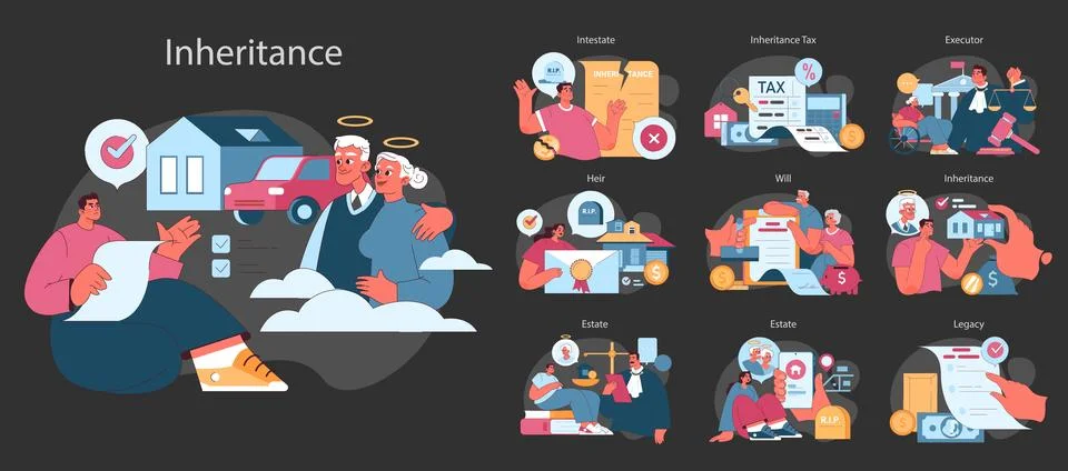 Inheritance dark or night mode set. Estate planning, tax considerations Stock Illustration