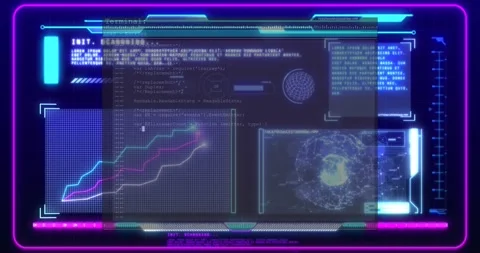 INIT header initiating HUD scan, overlay sliding, graphs animating, globe Stock-Footage 328230332