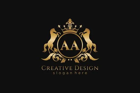 Initial AA Retro golden crest with circle and two horses, badge template wi.. Stock Illustration