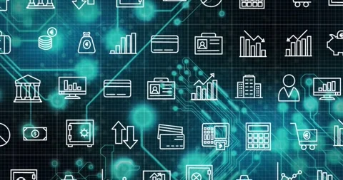 Initial activating finance icon grid scrolling left, teal circuits flickering Stock Footage 318239178