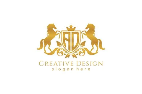 Initial AD Retro golden crest with shield and two horses, badge template wi.. Stock Illustration