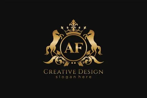 Initial AF Retro golden crest with circle and two horses, badge template wi.. Stock Illustration