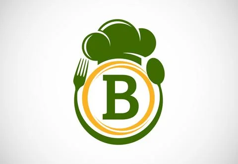 Initial alphabet B with chef hat, spoon and fork. Modern vector logo for ca.. Stock Illustration
