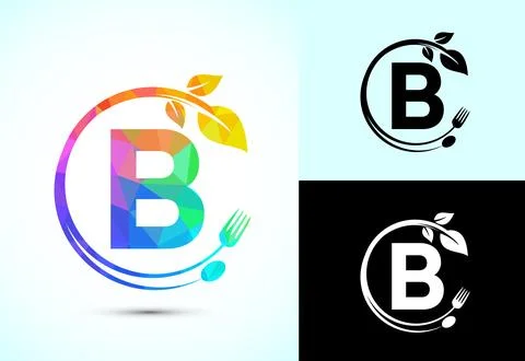 Initial alphabet B with a fork, spoon, and leaf. Healthy natural food logo .. Stock Illustration