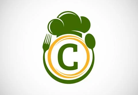 Initial alphabet C with chef hat, spoon and fork. Modern vector logo for ca.. Stock Illustration
