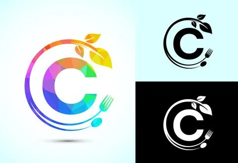 Initial alphabet C with a fork, spoon, and leaf. Healthy natural food logo .. Stock Illustration