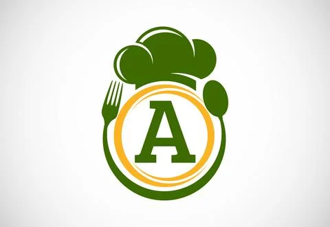 Initial alphabet A with chef hat, spoon and fork. Modern vector logo for ca.. Stock Illustration