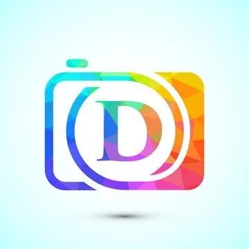 Initial alphabet D with a camera icon. Low poly style logo for photography .. Illustrazione stock
