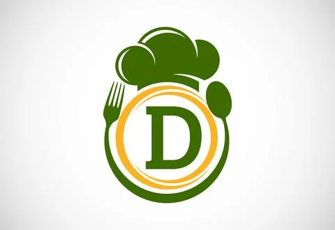 Initial alphabet D with chef hat, spoon and fork. Modern vector logo for ca.. Stock Illustration