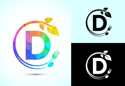Initial alphabet D with a fork, spoon, and leaf. Healthy natural food logo .. Stock Illustration