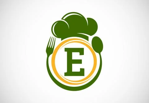 Initial alphabet E with chef hat, spoon and fork. Modern vector logo for ca.. Stock Illustration