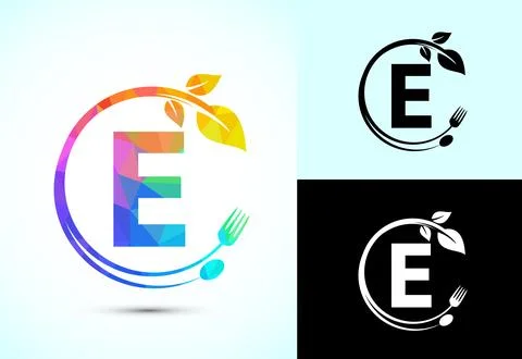Initial alphabet E with a fork, spoon, and leaf. Healthy natural food logo .. Stock Illustration