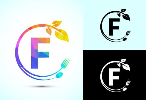 Initial alphabet F with a fork, spoon, and leaf. Healthy natural food logo .. Stock Illustration