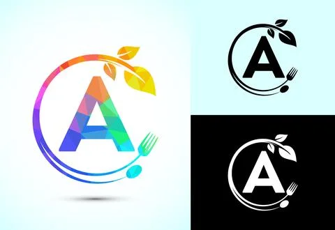 Initial alphabet A with a fork, spoon, and leaf. Healthy natural food logo .. Stock Illustration