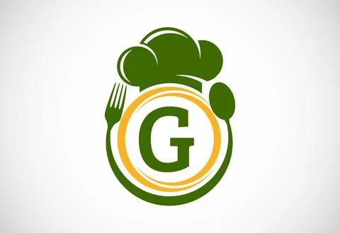 Initial alphabet G with chef hat, spoon and fork. Modern vector logo for ca.. Stock Illustration