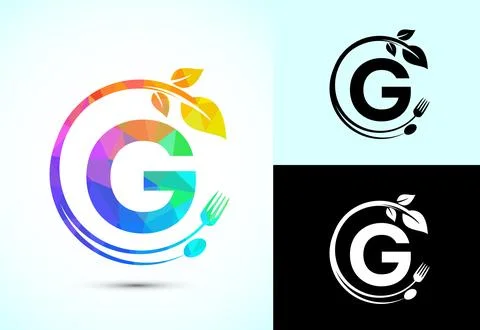 Initial alphabet G with a fork, spoon, and leaf. Healthy natural food logo .. Stock Illustration