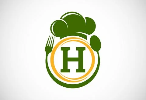 Initial alphabet H with chef hat, spoon and fork. Modern vector logo for ca.. Stock Illustration