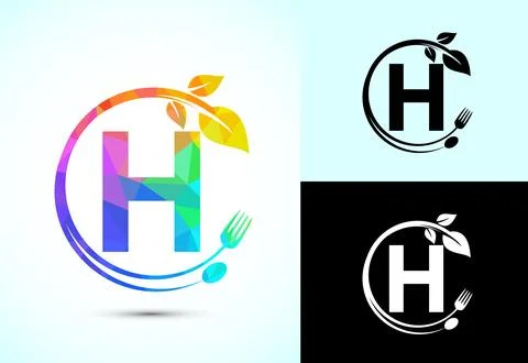 Initial alphabet H with a fork, spoon, and leaf. Healthy natural food logo .. Stock Illustration