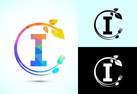 Initial alphabet I with a fork, spoon, and leaf. Healthy natural food logo .. Stock Illustration