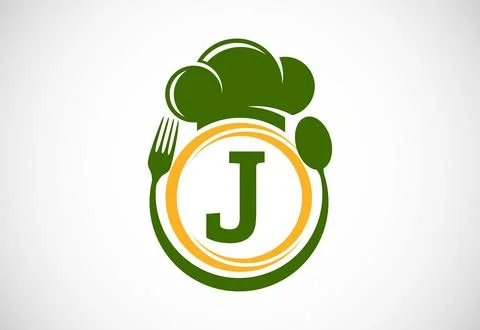 Initial alphabet J with chef hat, spoon and fork. Modern vector logo for ca.. Stock Illustration