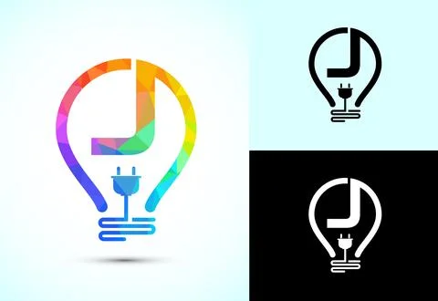 Initial alphabet J with an electric bulb and plug. Electricity logo design .. Stock Illustration