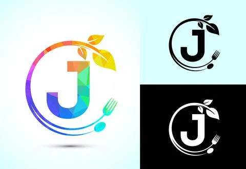 Initial alphabet J with a fork, spoon, and leaf. Healthy natural food logo .. Stock Illustration