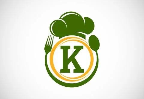 Initial alphabet K with chef hat, spoon and fork. Modern vector logo for ca.. Stock Illustration