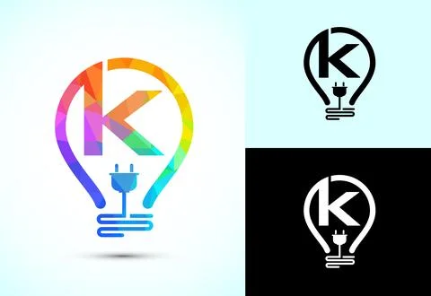 Initial alphabet K with an electric bulb and plug. Electricity logo design .. Stock Illustration
