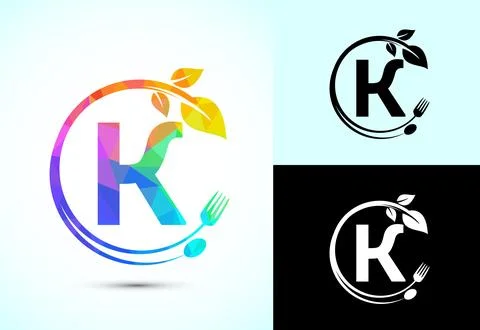 Initial alphabet K with a fork, spoon, and leaf. Healthy natural food logo .. Stock Illustration