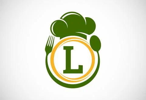 Initial alphabet L with chef hat, spoon and fork. Modern vector logo for ca.. Stock Illustration