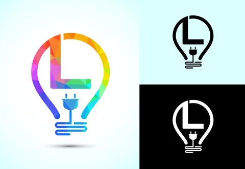 Initial alphabet L with an electric bulb and plug. Electricity logo design .. Stock Illustration