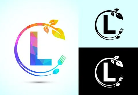 Initial alphabet L with a fork, spoon, and leaf. Healthy natural food logo .. Stock Illustration