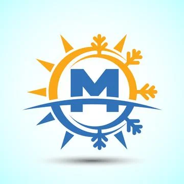 Initial alphabet M with abstract sun and snow. Air conditioner logo sign, H.. Stock Illustration