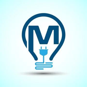 Initial alphabet M with an electric bulb and plug. Electricity logo design .. Stock Illustration