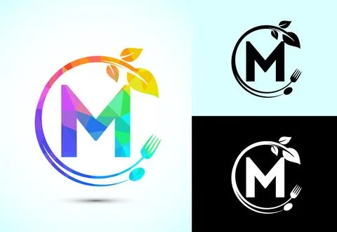 Initial alphabet M with a fork, spoon, and leaf. Healthy natural food logo .. Stock Illustration