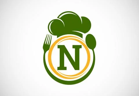 Initial alphabet N with chef hat, spoon and fork. Modern vector logo for ca.. Stock Illustration