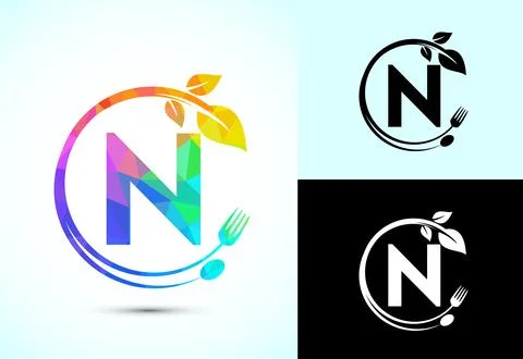 Initial alphabet N with a fork, spoon, and leaf. Healthy natural food logo .. Stock Illustration